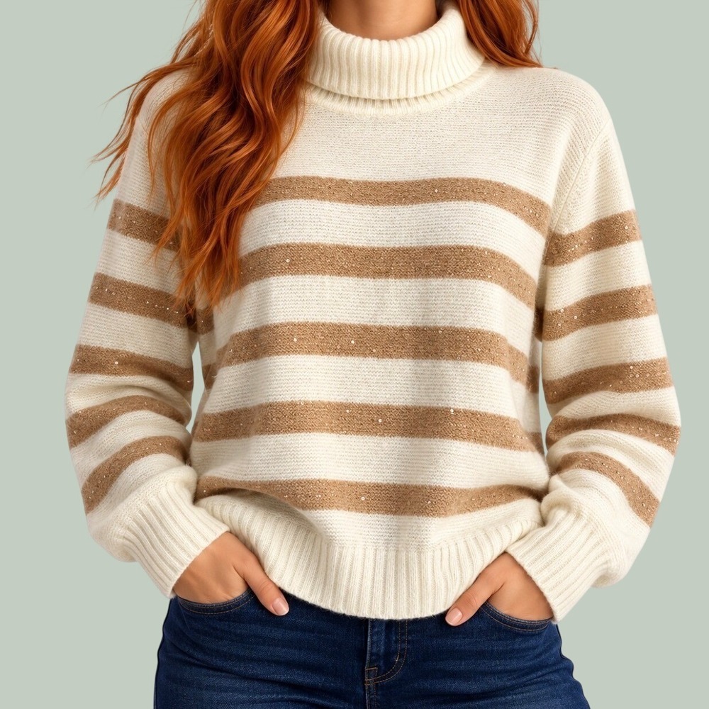 Talbots Turtleneck Sweater MP Cream Tan Striped Sequin Wool Blend Good Sparkle